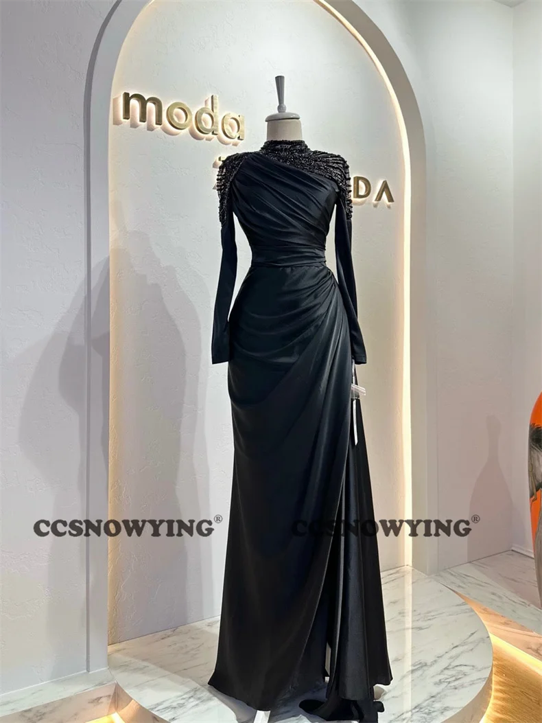 Muslim Satin Beaded Evening Dress Long Sleeve Prom Dress High Neck Islamic Arabia Dubai Formal Party Gown Hijab Robe De Soiree