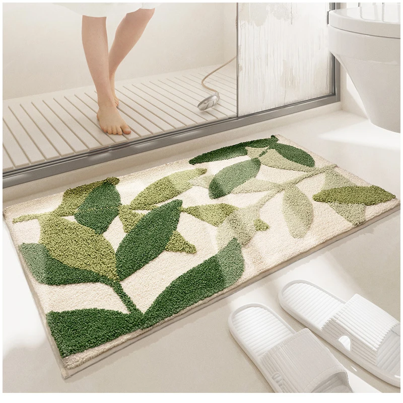 QNBHR Green Leaves Flocking Bath Mat Non-slip Absorbent Microfiber Bathroom Rug Home Entrance Door Mat Super Soft Bath Carpet