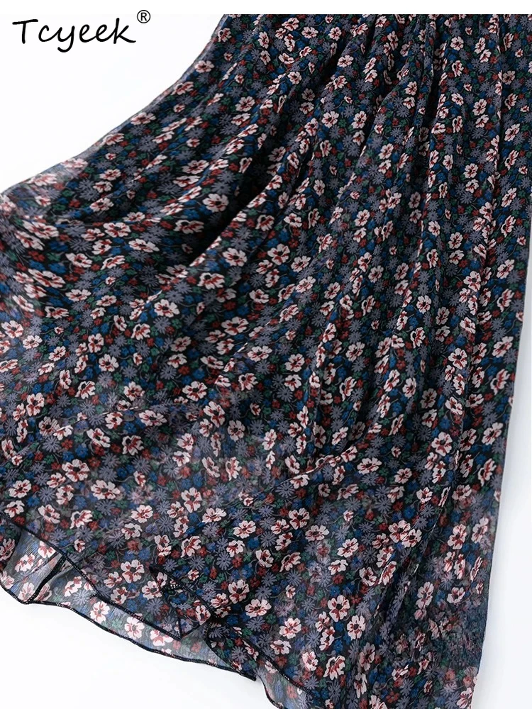 Tcyeek 100% Echte Seidenröcke für Damen 2026 Elastische Taille Sommerrock Zweilagiger Strandrock Damenkleidung Bedruckte Faldas Para Mujeres