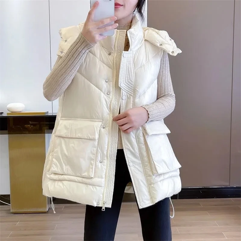 

2024 Hooded Down Cotton Waistcoat Women Fall Winter European American Loose Vest Jacket High Quality Warm Casual Sleeveless Vest