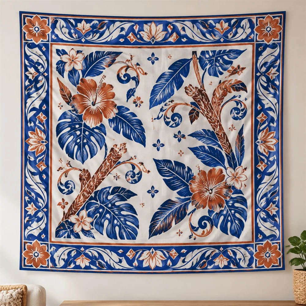 VIKAMA Carved Wood Motif Border Frame Tapestry Wall Hanging, Tropical Wall Decor Tapestries for Kitchen Dining Room Living Room