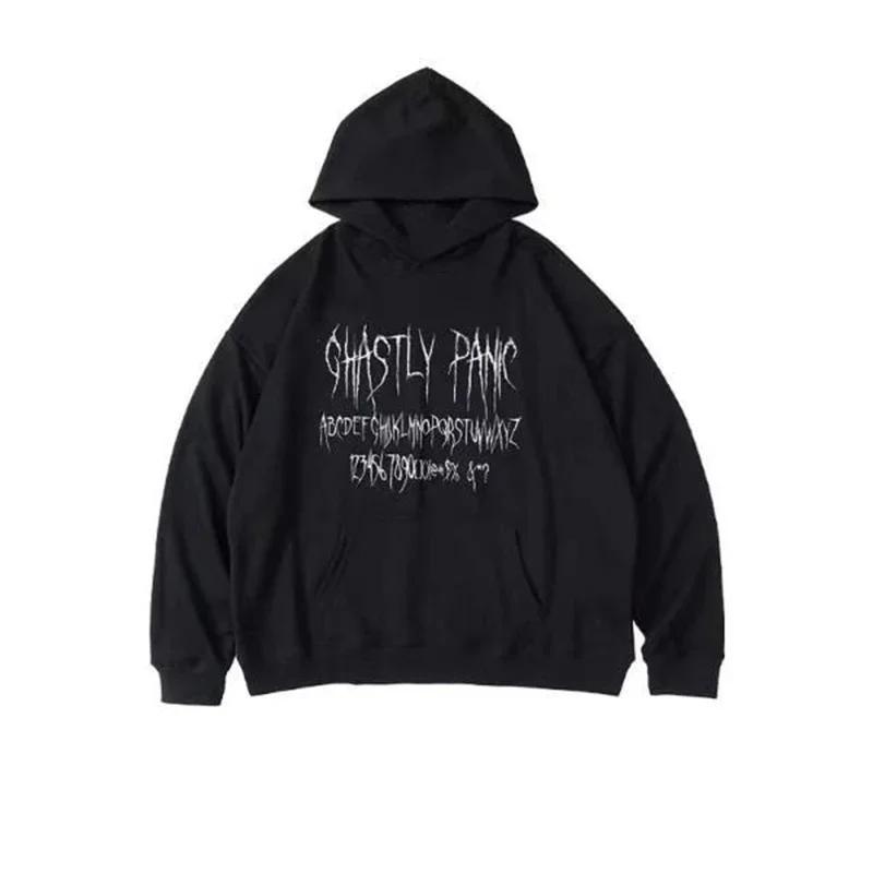 بلوفر Goth y2k الجرونج بأكمام طويلة بلوفر كاواي جرافي للرجال مع قلنسوة كبيرة الحجم بلوزة هاراجوكو بغطاء للرأس مطبوعة على الموضة