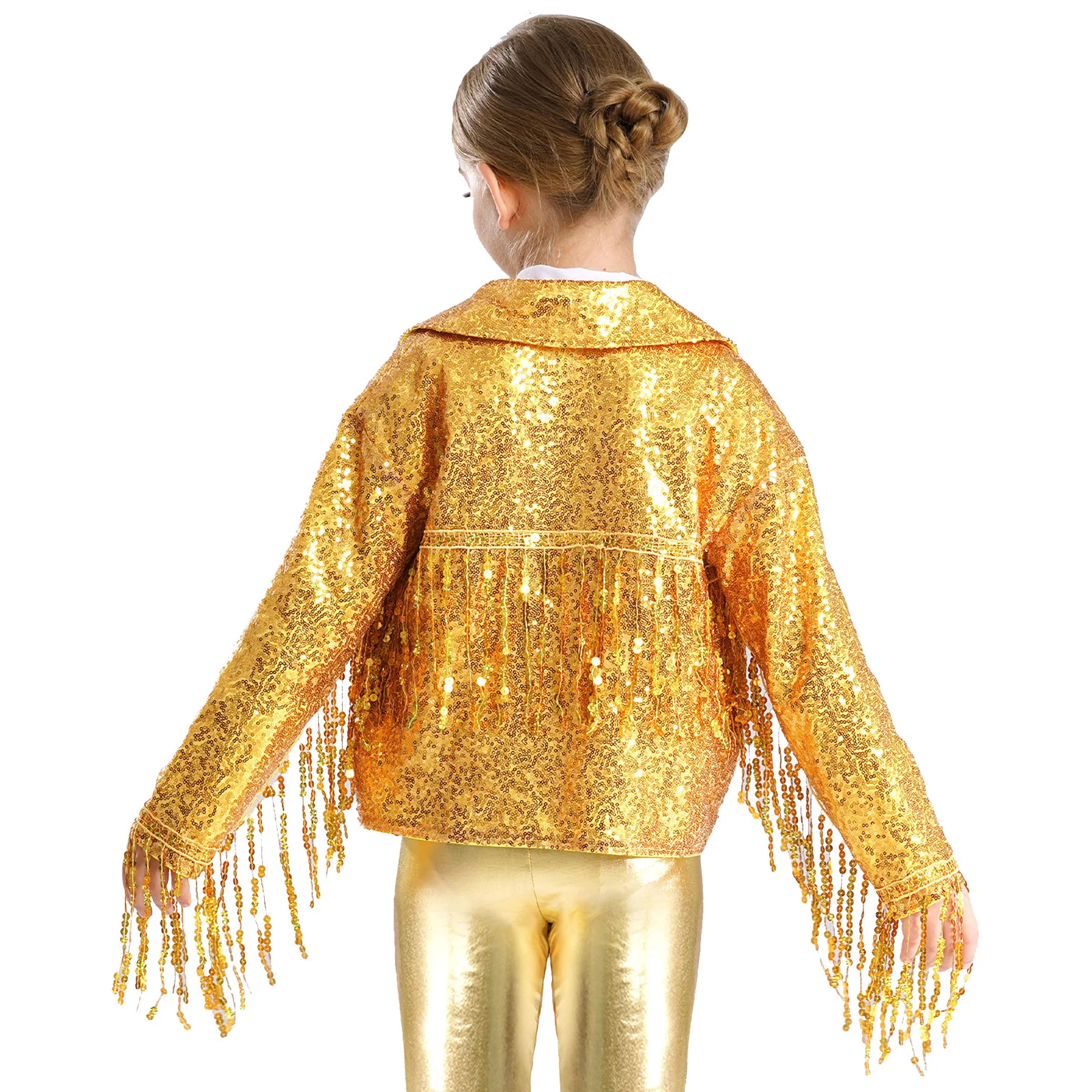 Kids Girls Sequin Tassel Jacket Sparkly Birthday Party Stage Performance Costume Long Sleeve Open Front Coat Outwear