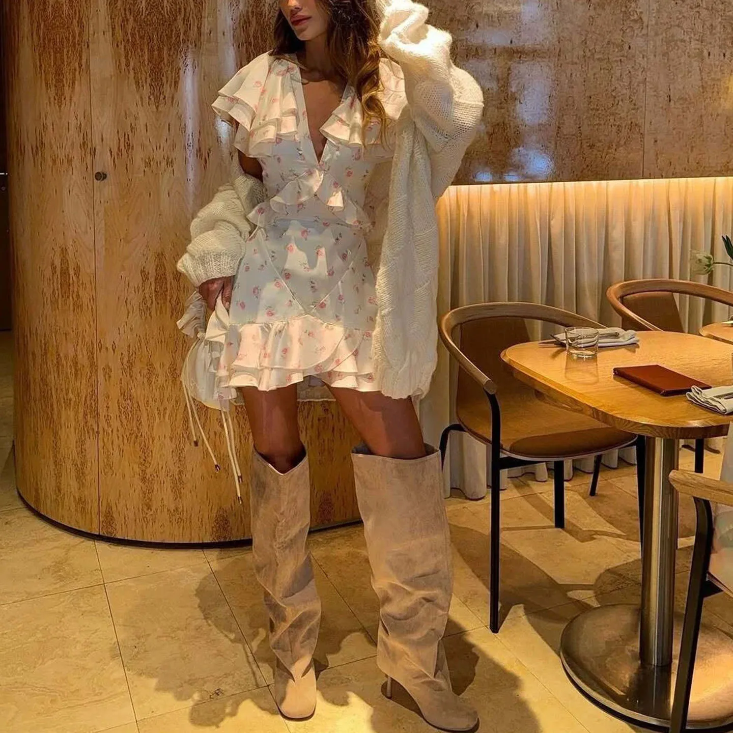 Floral impressão chá break dr v-ne puff sve em camadas decoração feminina faion outono nova chegada fino ajuste par dr