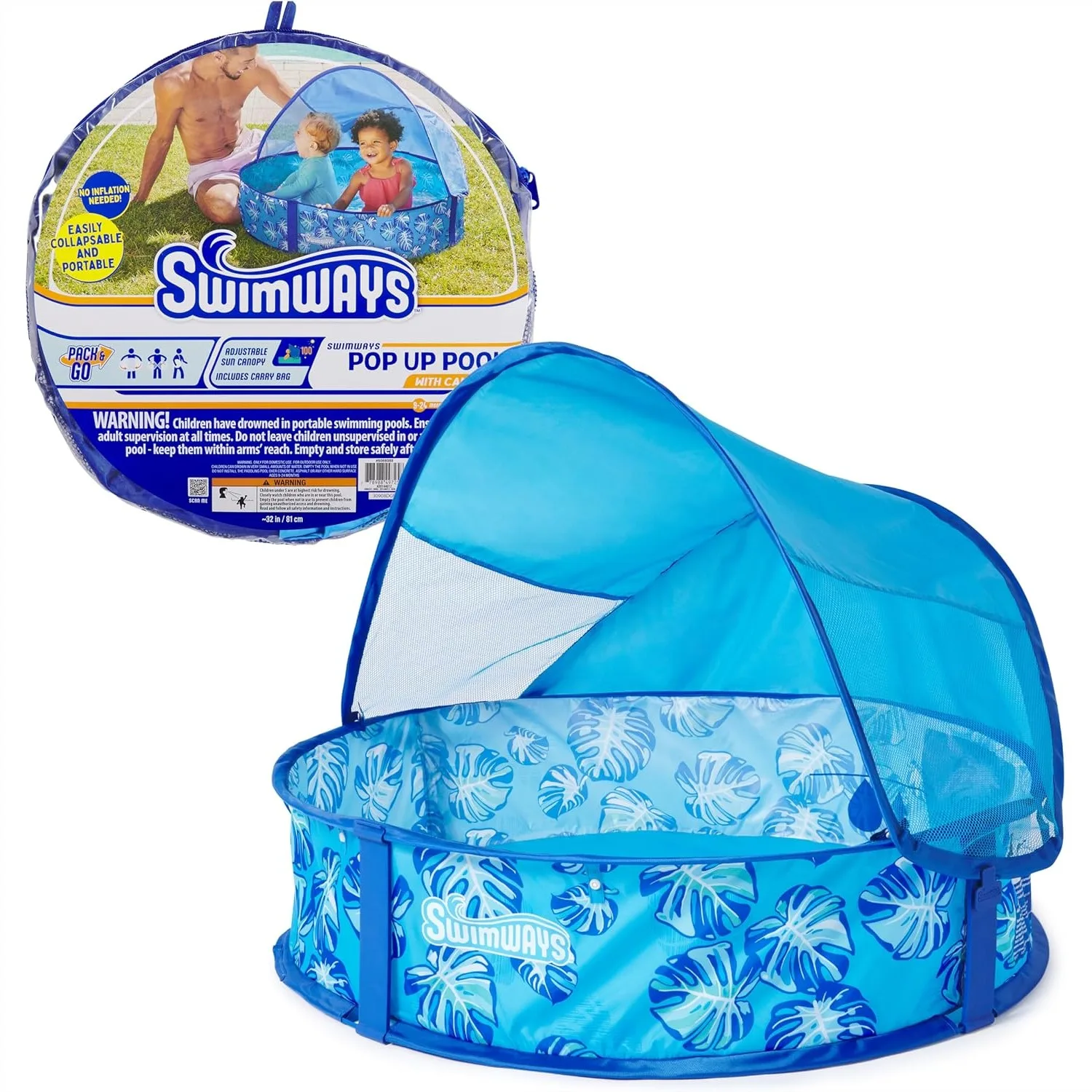

Pop-Up Above Ground Pool for Toddlers, Foldable Kiddie Pool with Canopy & Carrying Case, Easy Setup No Inflation Needed, 32"
