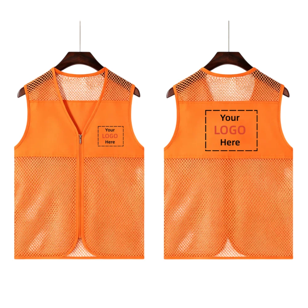 Custom Logo Fishnet Mesh Volunteer Women Vest Zipper Sleeveless Work Waistcoat No Pockets Breathable Event Uniform Men Vests