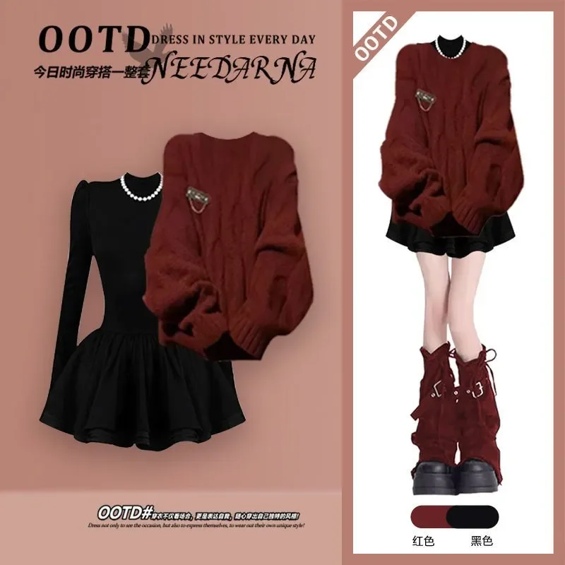 

Осенне-зимний женский костюм, новинка 2025, корейский модный вязаный свитер, элегантное платье в стиле ретро, комплект из двух предметов