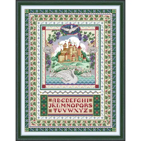 News Pre-Printed Cross Stitch Kit, Stamped Aida Fabric With DMC Threads, Embroidery Kit - Swan Castle