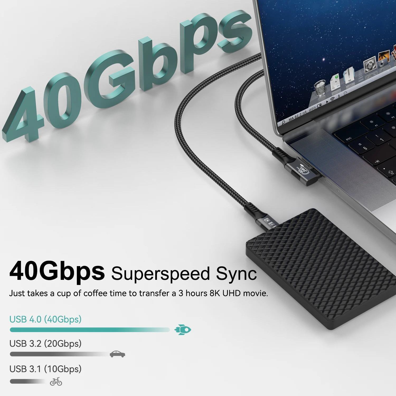 كابل بيانات Hannord USB4 Thunderbolt 4 بزاوية 90 درجة 240 وات 5A شحن 40 جيجابت في الثانية لنقل البيانات لجهاز MacBook Mac Pro Air SSD Type C Cord
