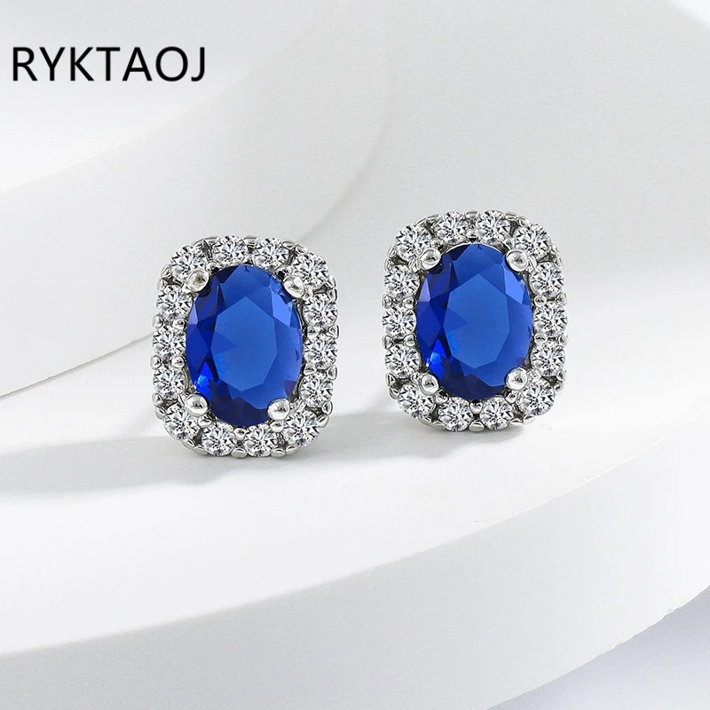 925 Sterling Silver Oval Blue Sapphire Color Zircon Jewelry Set 3Pcs for Women Halo Gemstone Ring Earrings Necklace Jewelry Gift