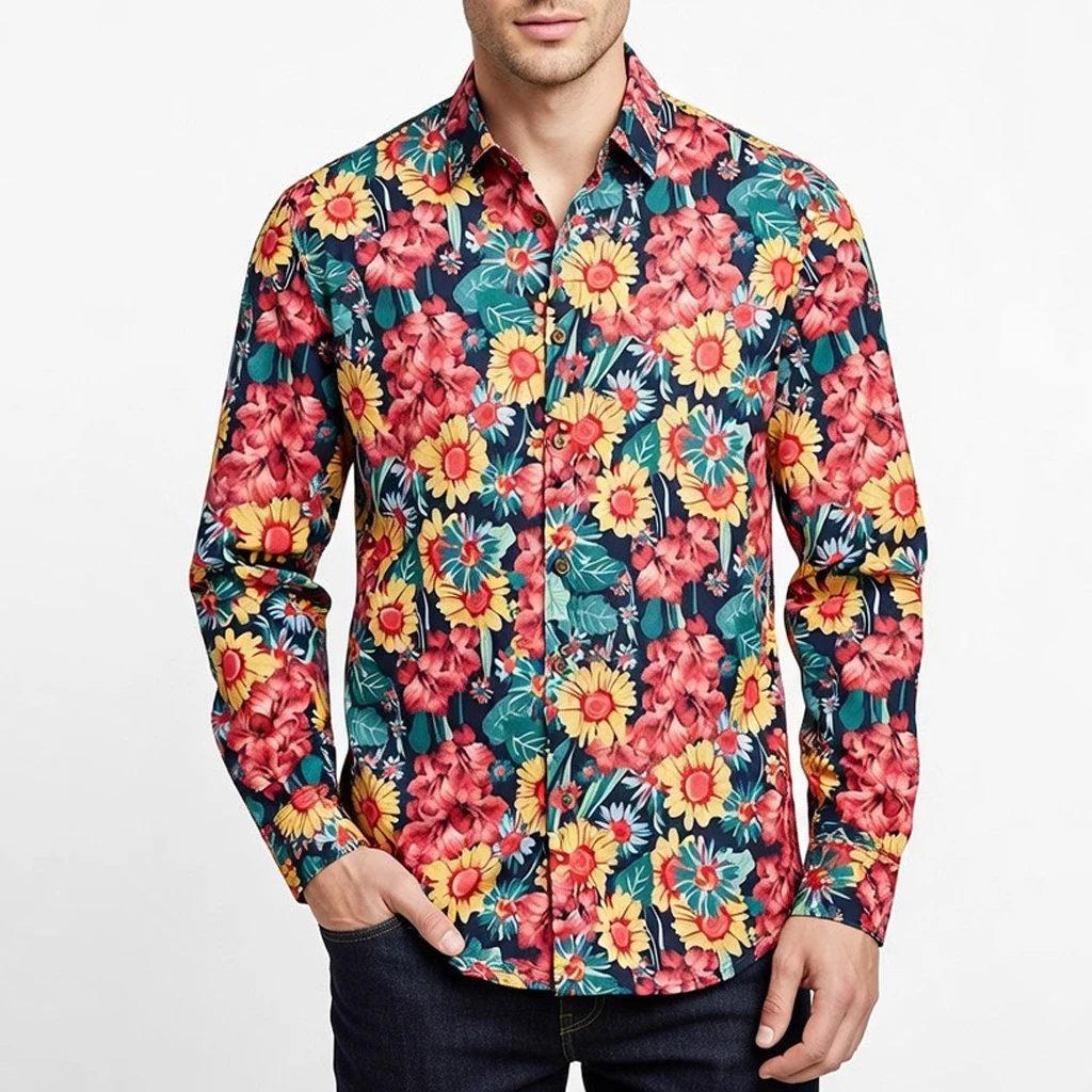

100% Cotton Men Hawaiian Shirts Spring Summer Flower Print Long Sleeve Man Floral Shirt Vacation Beach Banquet Street Wear 5XL