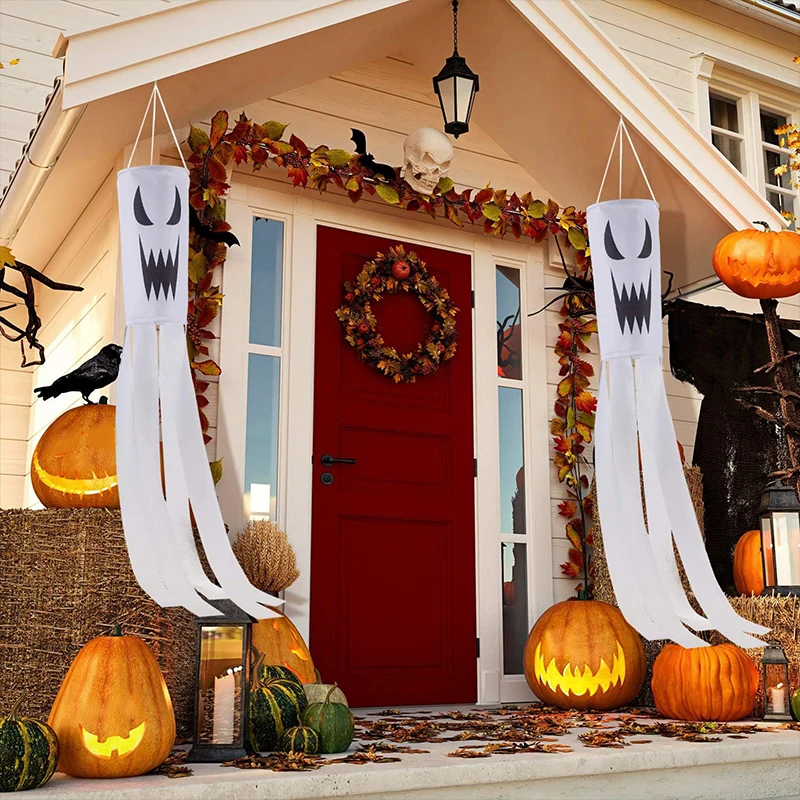 Creative Printed Ghost Windsock Garden Horror Death Atmosphere Door Hanging Prop Halloween Party Wind Vane Indicator Flags Decor