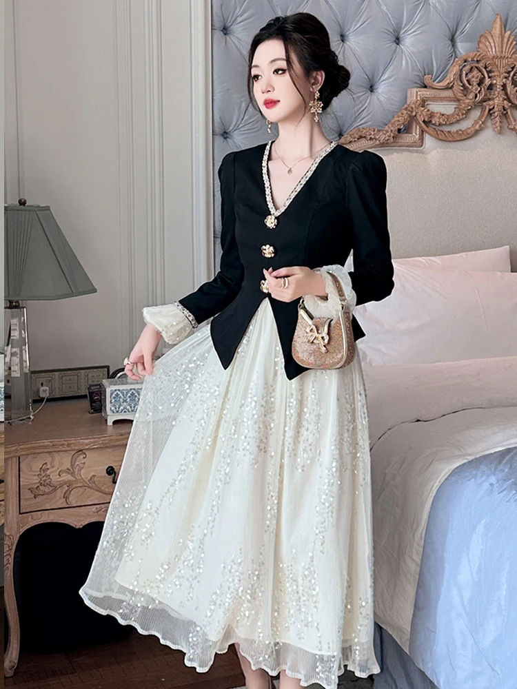 ملابس النساء في الشارع ريترو وهمية 2 قطعة أسود الخامس الرقبة سليم ميدي ألف خط فستان أنيق فاخر سيدة موضة حفلة موسيقية Vestidos رداء