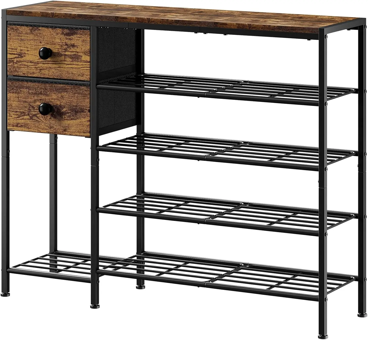 

5-Tier Shoe Organizer with 2 Drawers, Metal Frame & Wood Top - Holds 16-20 Pairs, Adjustable for Boots