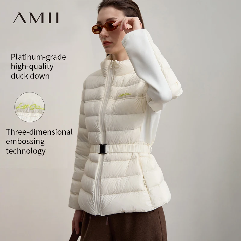 AMII Down Coats 2025 Autumn New Solid Slim Woman Clothing Stand Collar Patchwork Long Sleeves Versatile Female Coat 12524030