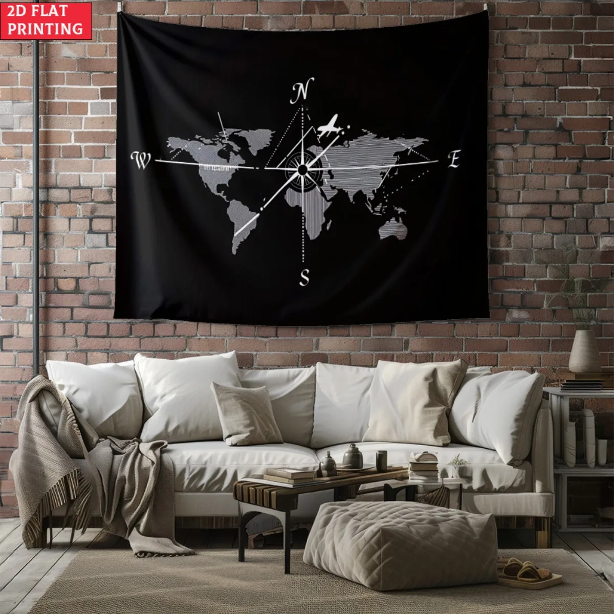 Tapiz de brújula con mapa del mundo sin marco, arte de pared con temática de viaje, decoración de diseño de navegación para oficina, sala de estar, estilo de aventura