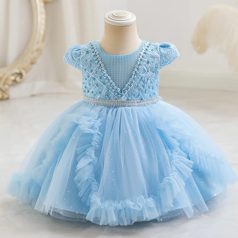 HETISO Fly Sleeve Wedding Birthday Dresses for Girls Pearl Lace Tutu Christening Party Gown Kids Child Pageant Clothes