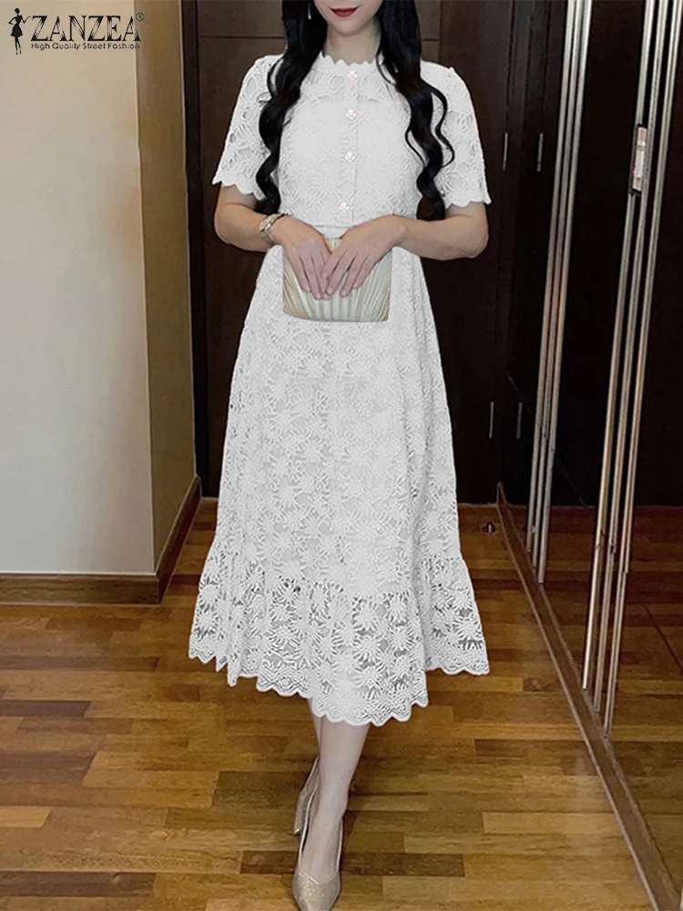 ZANZEA 2025, Frauen Sommerkleid Mode Einfarbig Spitze Kleid Kurzarm Casual Lose O Neck Vestidos Elegante A-Line Robe Femme