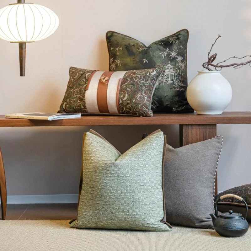 High Precision Jacquard Cushion Cover Luxury Medieval Oriental Throw Pillow Case Leather Patchwork Lumbar Pillow Cover for Sofa