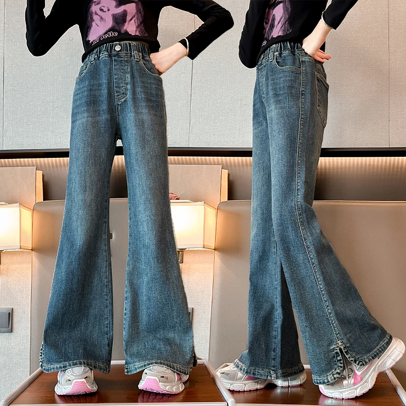 Children New Autumn Bootcut Flared Jeans with Side Slits for Teenage Girls Vintage Blue Denim Boot Cut Denim Pants Age 5-14 Kids