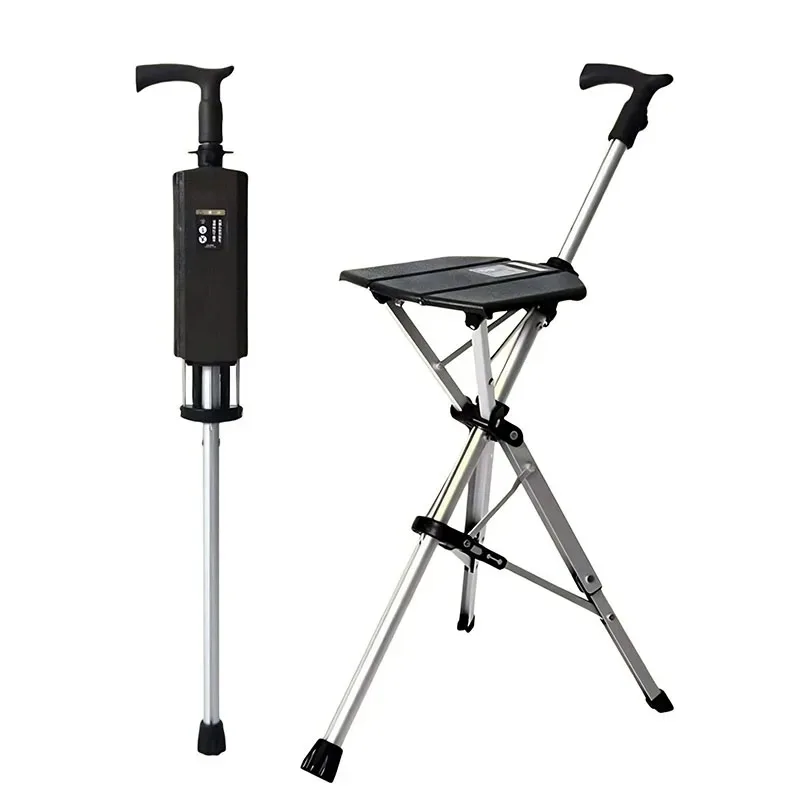110KG load bearing New High Quality Aluminum Alloy Foldable Cane Stick Seat Adjustable Elderly Crutch fishing Chair With Stool
