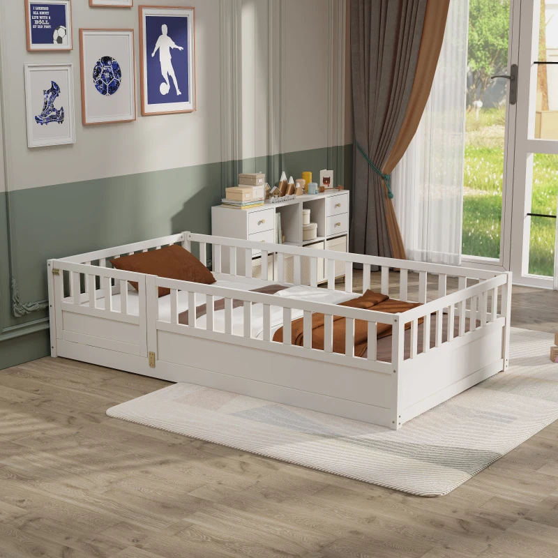 Twin Size Integral Construction With Super High Security Barrier, Door Bed Frame Montessori Wooden Children's Or Bed White