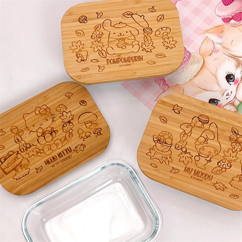 640Ml Cute Sanrio Storage Box Mymelody Cinnamoroll Glass Sealed Box Pompom Purin Lunch Storage Box Anime Toys for Children Gift