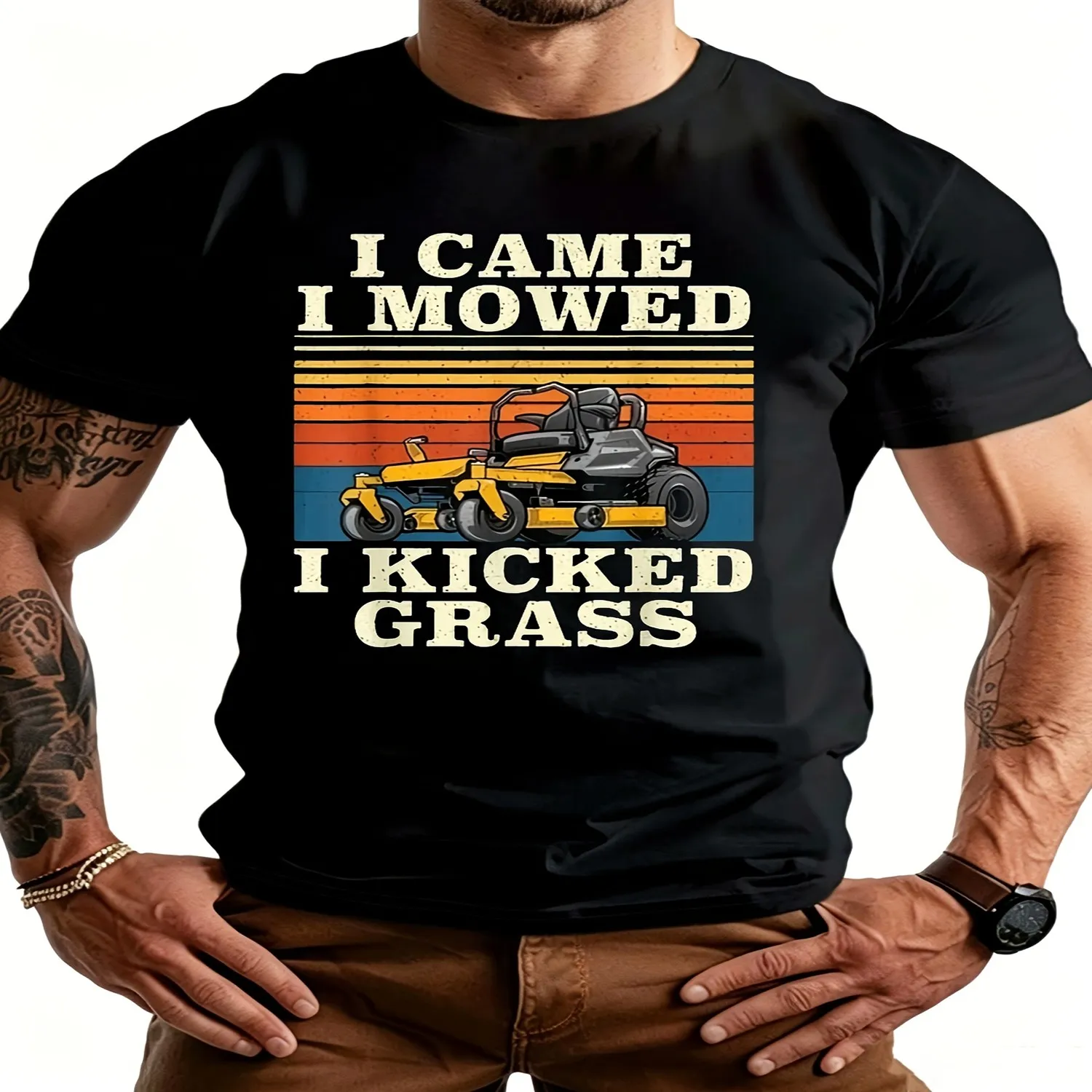I Came I Mowed I Kicked Grass Funny Lawn Mower Landscaping Gift TShirt Men's Casual Short Sleeve Funny Graphic Tees TShirt Comfortable Casual Attire for Casual Attire Everyday Sportswear PlaRetro Casual T-shirt, Minimalist Tee,
