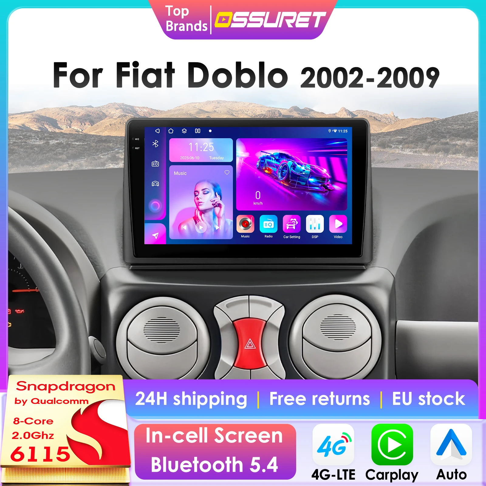 2Din 360-Kamera 8G+128G Android 14 Autoradio für Fiat Doblo 2002-2009 Auto-Multimedia-Player Intelligenter Bildschirm Autoradio Carplay