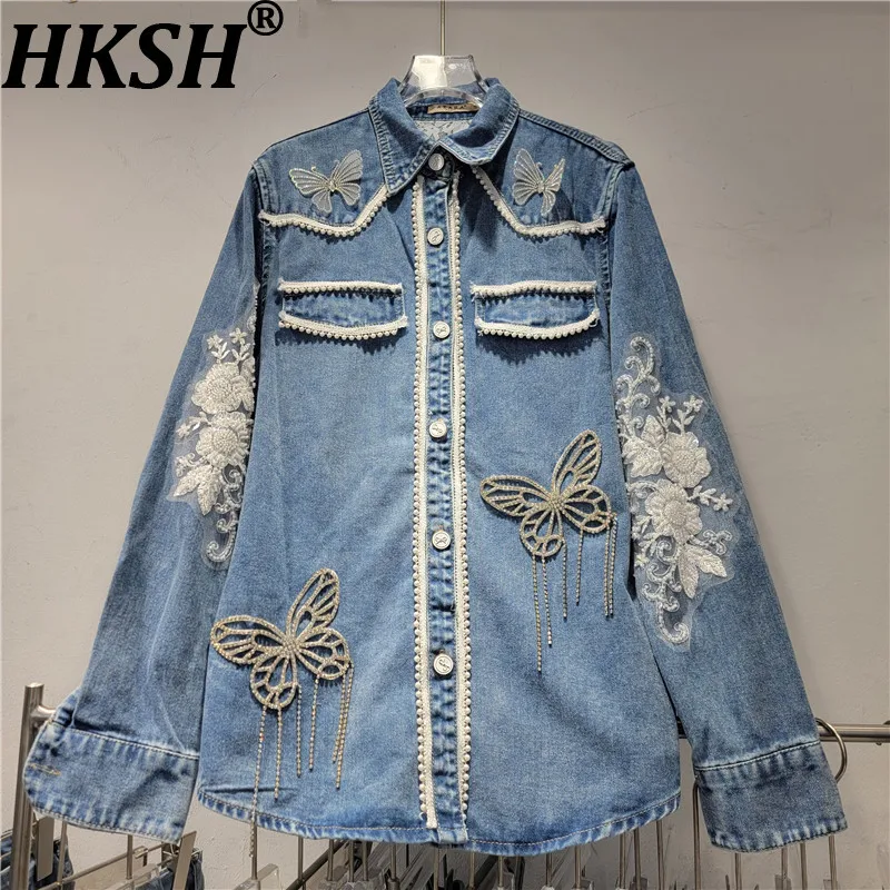 

HKSH Women Retro Chic Shirt Denim Patchwork Lace Color Block Studded Diamonds Elegant Long Sleeves Y2K Shirts New Spring HK20349