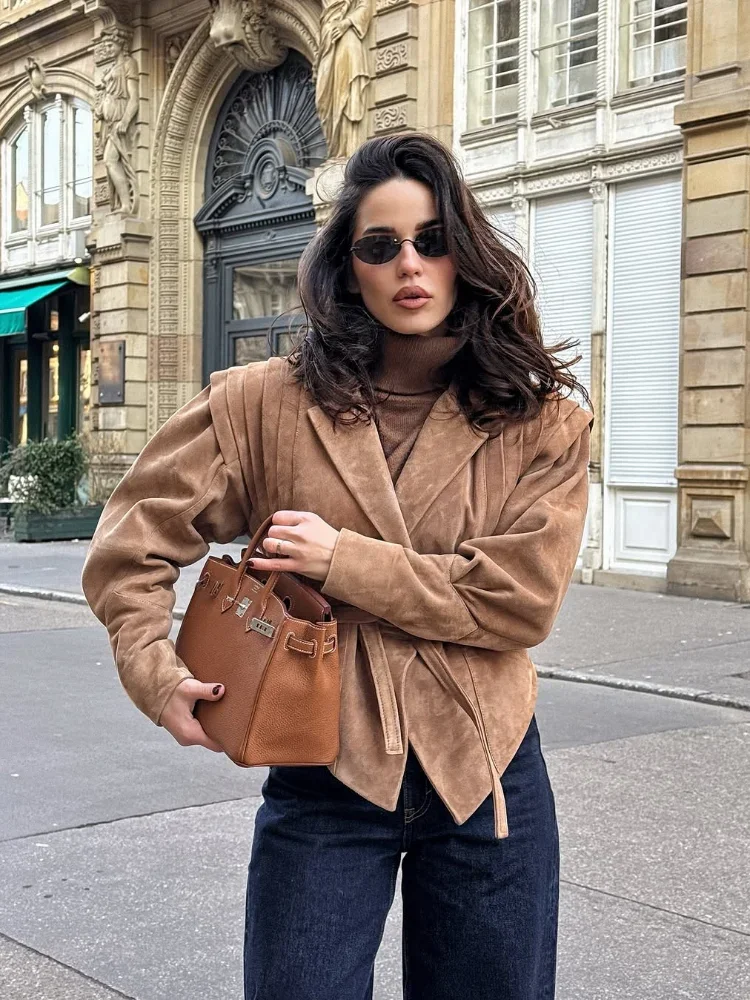 

Lapel Full Sleeves Fashion Cropped Coats Lady Chic Commute Street Chic Outwear 2025 Women Solid Lace Up Suede Jacket Elegant