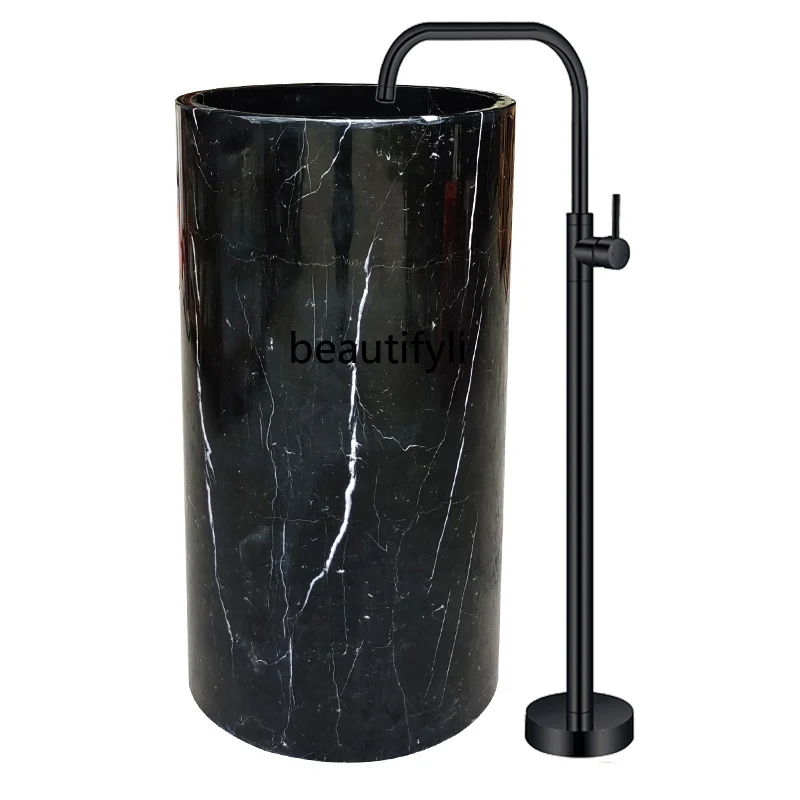 

Natural marble integrated floor-to-ceiling column basin circular art wash basin hotel column-type wash basin