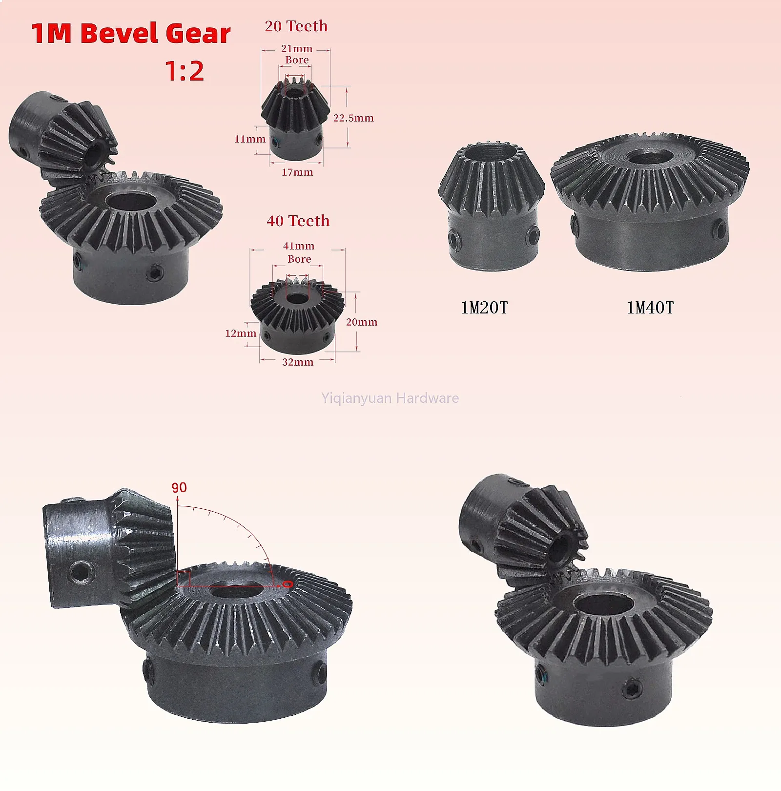 

Yiqianyuan 1:2 Bevel Gear 1Mod 20/40 Teeth 90 Degree Transmission Gear Bore 6-15mm for Motor