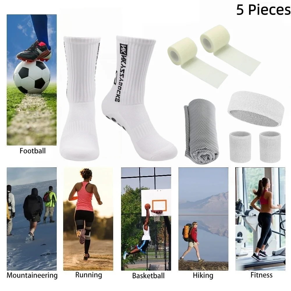 Football Basketball Sports Kit 5Pcs Set Crew Socks Tape Self Adhesive Bandage Sweat Headband Wristbands for Men Women