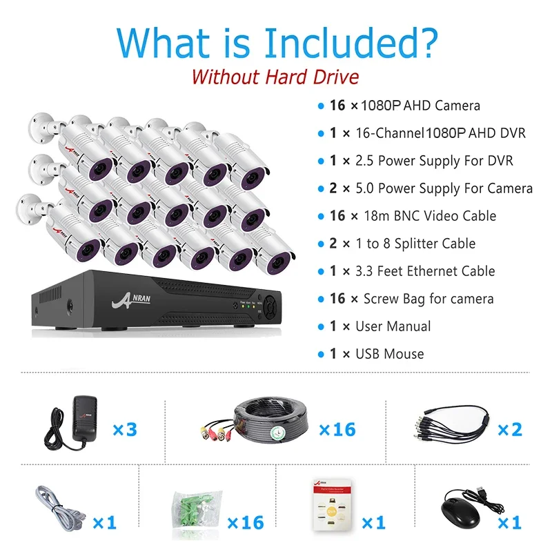 Sistem Kamera Keamanan CCTV 16CH 1080P 2MP hd Cctv Outdoor Tahan Air Bullet Analog AHD