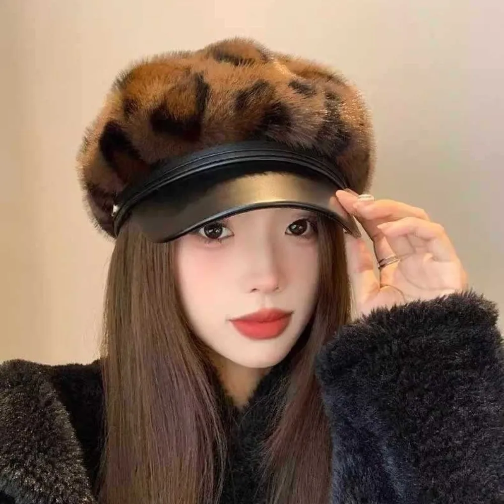 Vintage Leather Patchwork Leopard Print Beret Winter Warm Octagonal Cap Hard Brim Newsboy Cap For Women