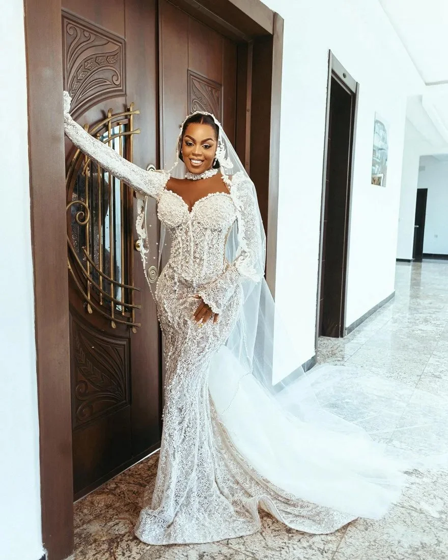 

Customized African Mermaid Bride Bridal Illusion High Neck Long Sleeves Beaded Lace Pearls Wedding Gowns Dresses