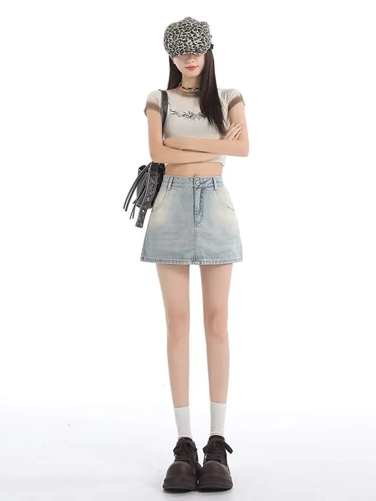 Summer Sexy Short Denim Skirt Women's Loose Slimming Prevent Exposure A-Line  Skirt High Waist Cotton Blend Fabric