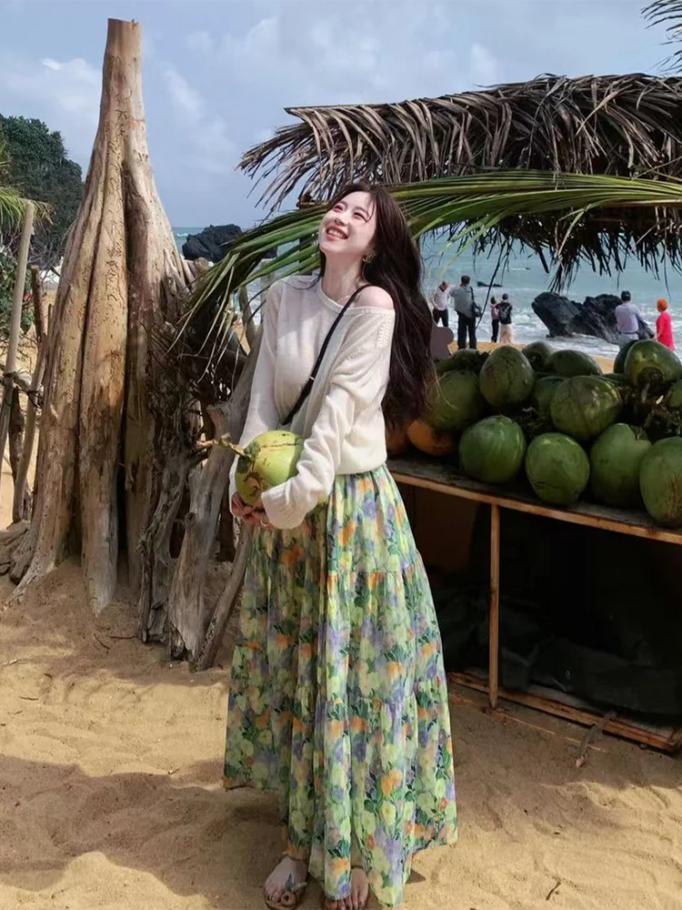 Summer Floral Print A-Line Skirt Women's High Waist Elastic Waist Painting Style Half-length Beach Vacation Beautiful Skirt