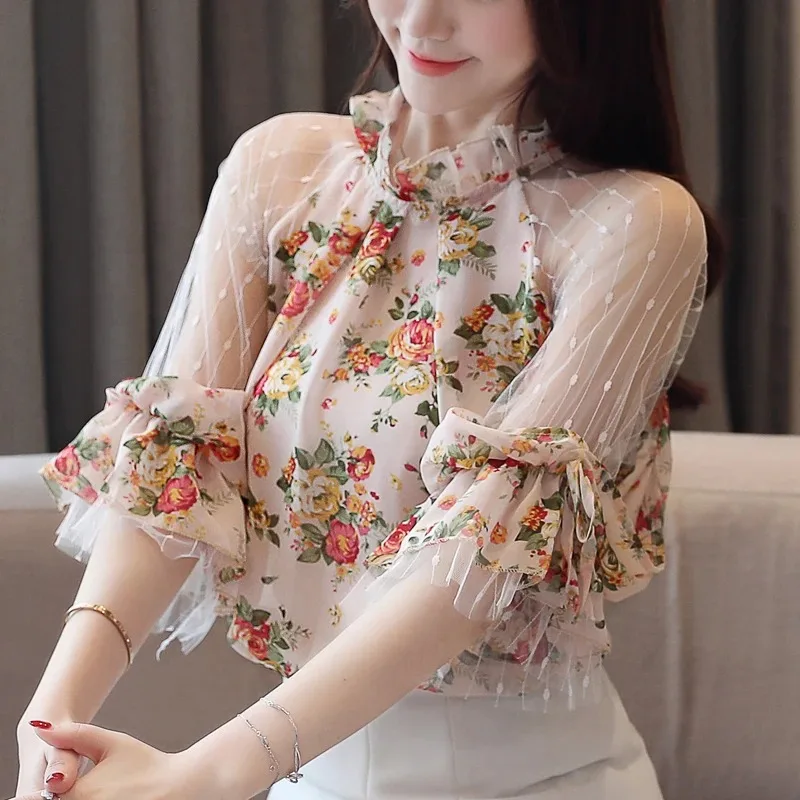 Sweet Printed Lace Chiffon Shirt Summer Hollow Flower Floral Clothes Elegant Women Tops and Blouses Blusas Mujer De Moda 4068 50