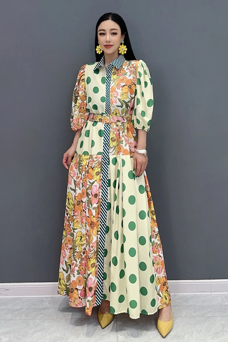 Summer New Elegant Women Printed Loose Long Dresses Female Fashion Lantern Sleeve Dress Wholesale