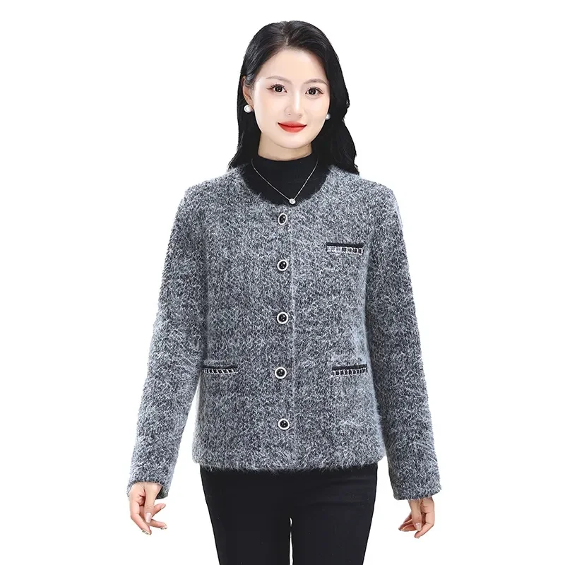 2024 Middle-Aged Mother Women Jacket Knitted Woolen Warm Ladies' Coat Short Round Neck Trend Wearing Temperament Woolen Coat