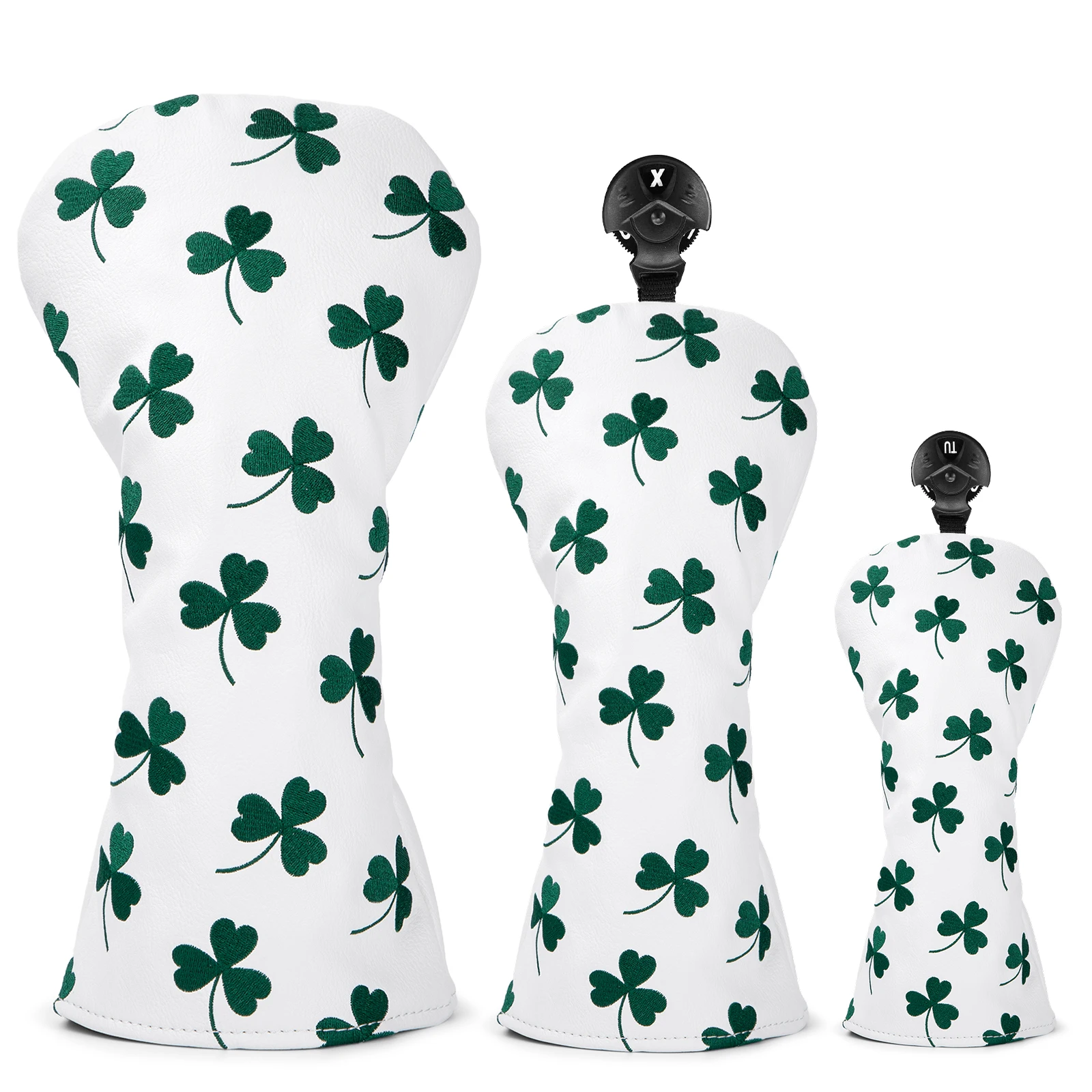 

White Premium Leather Lucky Clover Golf Headcovers, Embroidery Golf Driver Fairway Wood Hybrid Head Cover with Number Tag