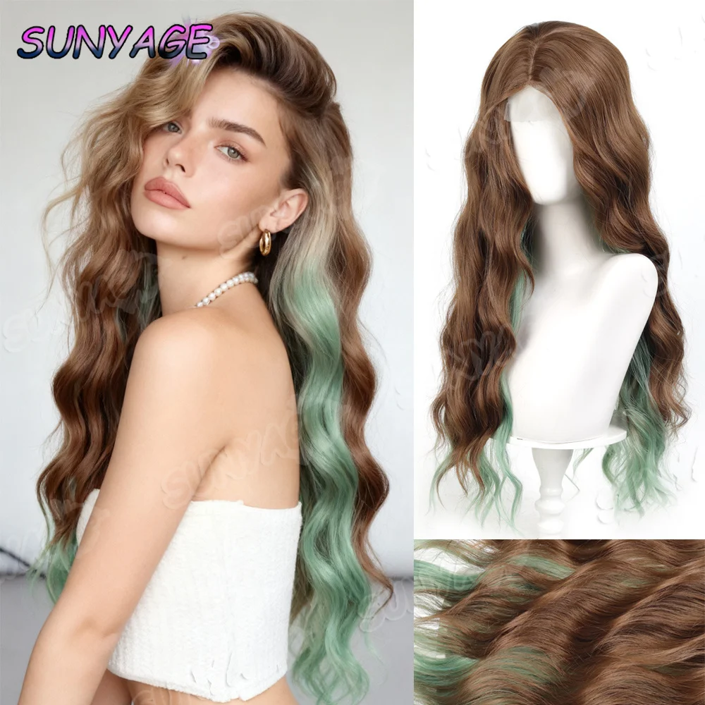 

Темно-коричневые с светло-зелеными акцентами Волнистые синтетические парики с длинными вечерними волосами в стиле Лолиты для женщин Натуральные термостойкие