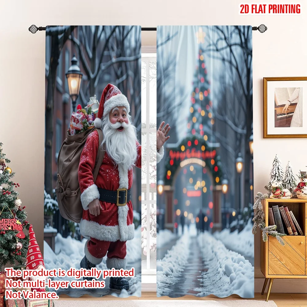 

2pcs 2D flat printing Merry Christmas Popular Window Drapes Santa Claus Gifts Snowy Scene Polyester Without Electricity Holiday