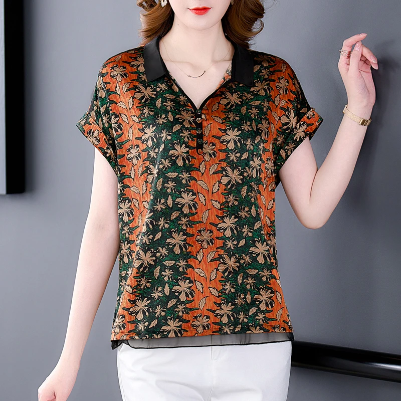 Summer Short Sleeve Floral Natural Silk Blouses Women Korean Fashion Light Top Coat 2024 Elegant Loose Waist Plus Size Shirts