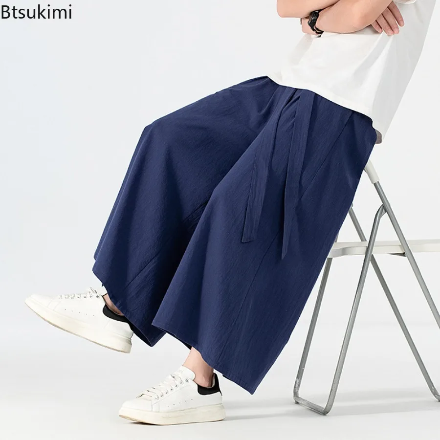 2025 Chinese Style Cotton Linen Pants Men's Japanese Kimono Casual Trousers Harajuku Streetwear Summer Retro Wide Leg Pants Male