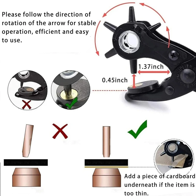 Leather Hole Punch Set, Super Heavy Duty Rotary Puncher, Precision Multi Hole Sizes For Belts, Crafts Holes