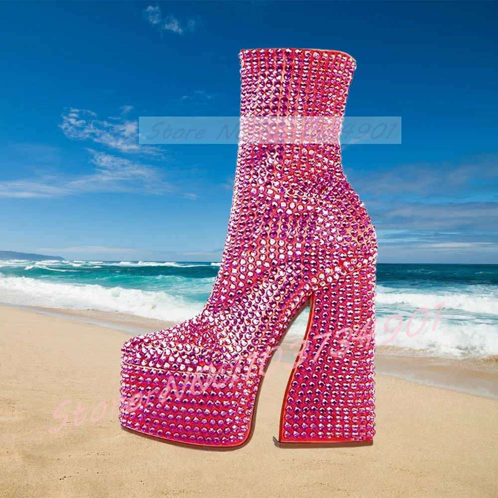 Platform Crystals Chunky Heels Boots Women Sexy Luxury Square Toe Sparkling Ankle Boots Lady Party Trendy Slip-ons Studded Boots