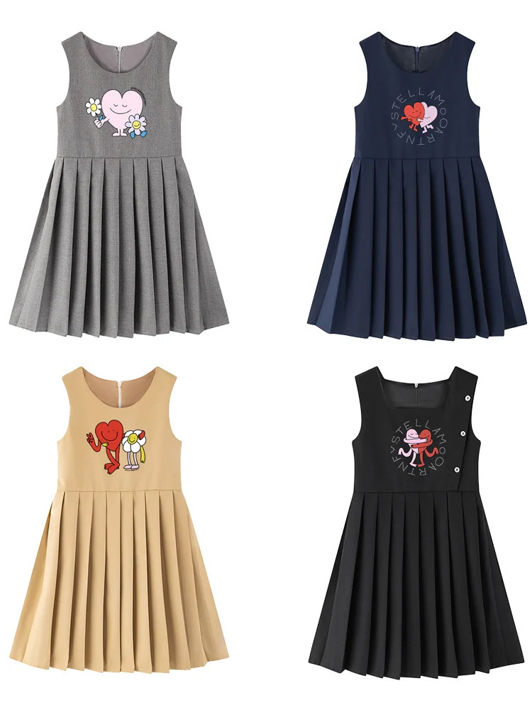 Cute sunflower girls dress summer fashion Heart floral graphics kids Sleeveless pleated skirt Fun prints children princess dress